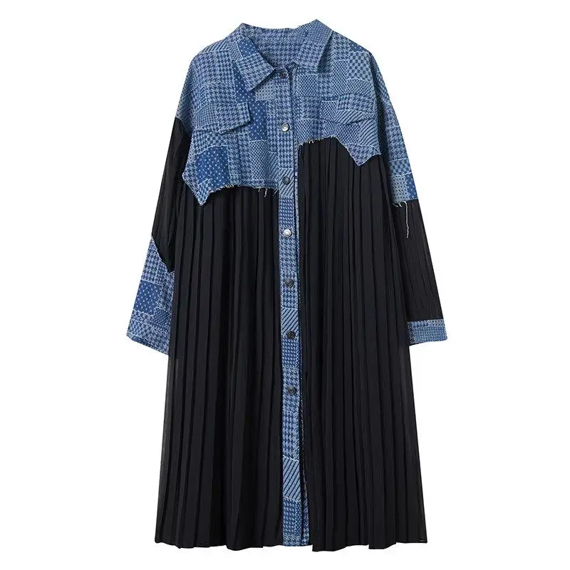 2025, Frühling und Herbst, koreanischer Stil, Denim-Spleißen, schlankmachendes Hemdkleid – Luxus-Büro, lässig, vielseitige Damenbekleidung G604