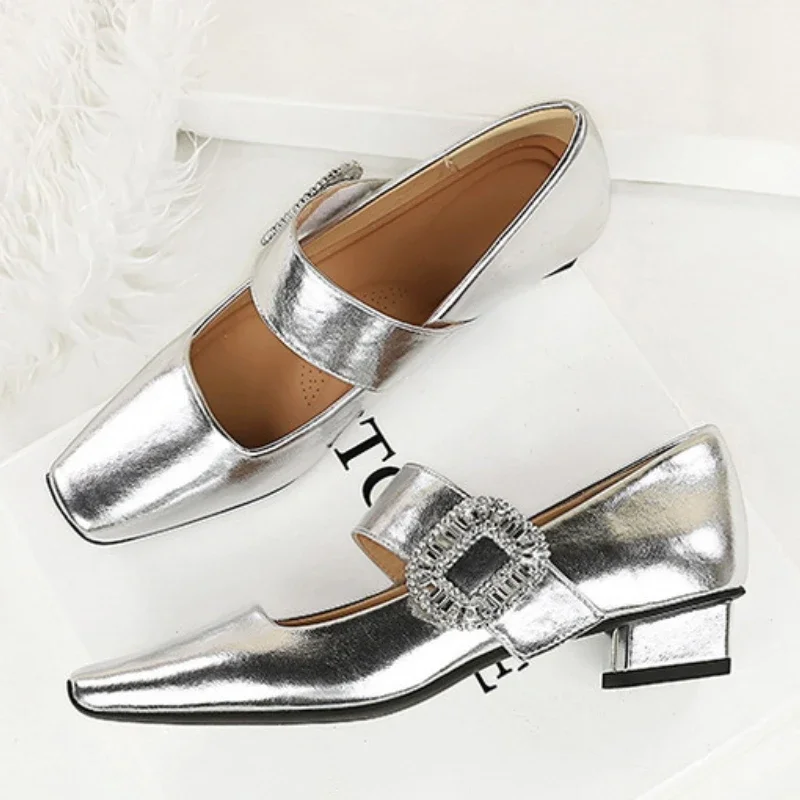 BIGTREE Shoes 3 CM Low Heeled Women's Shoes Rhinestone Buckle Women Pumps Thick with Square Head Women Heels Luxury Banquet Shoe