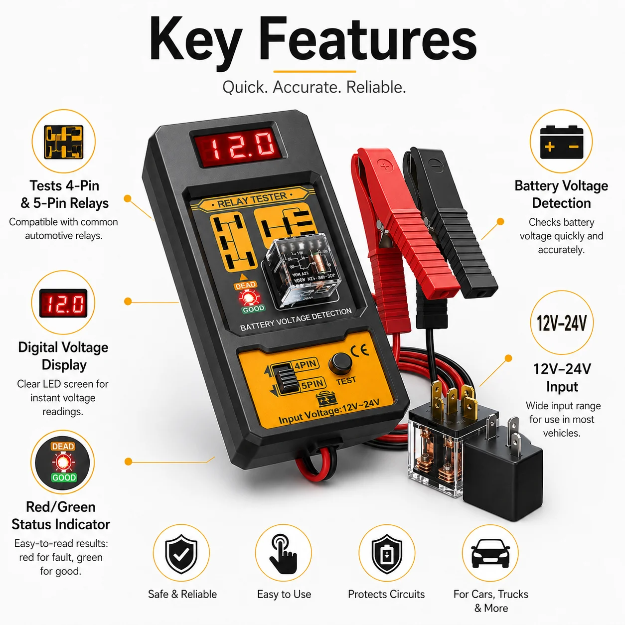 Cnb-808 Automotive Relay Tester 12V 24V Car Relay Analyzer 4Pin 5Pin Led Display Electrical Diagnostic Test Tool