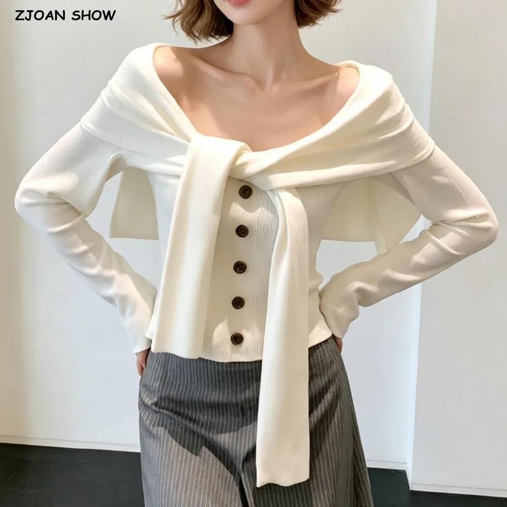 False 2 pcs Tie Bow Front Knit Sweater for Women Long Sleeve Pullover Jumper Autumn Knitwear White Red