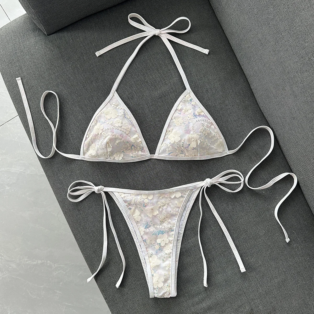 Neuer Funkelnder Pailletten-Bikini mit Neckholder und Hohem Beinausschnitt Damen Bademode Zweiteiliger Badeanzug Bikini-Set Badebekleidung