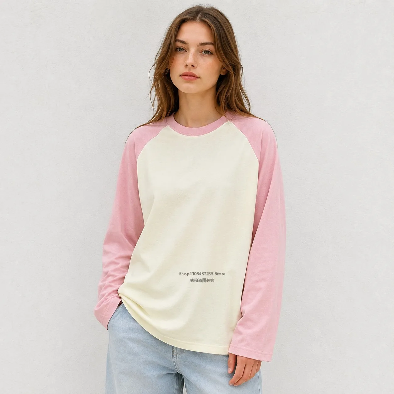 220G Baumwolle Damen Langarm T-Shirt Raglan Farbblock Rundhals Locker Sitzend Baseball-Tee Lässige Alltags-Streetwear Herbst-Oberteil – Detail 3
