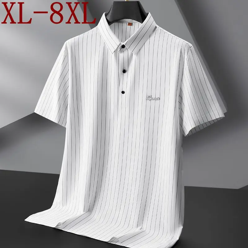 8XL 7XL 6XL New Summer Ice Silk Breathable Mens Polo Shirts Short Sleeve Lapel Striped T-shirts Men Oversize Loose Male Clothing