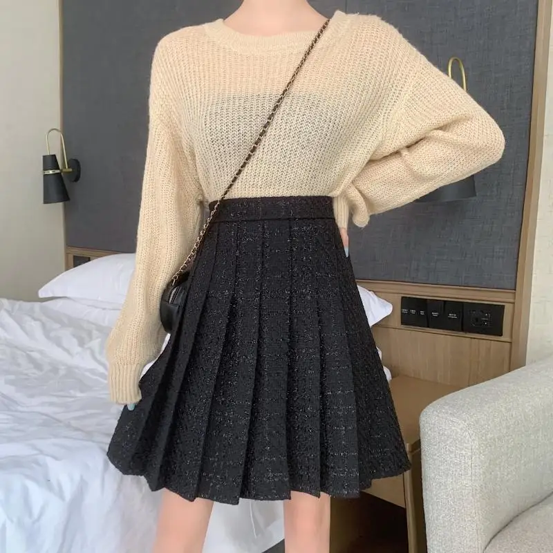 

Осенне-зимняя юбка женская больших размеров твидовая плиссированная юбка средней длины с высокой талией облегающая повседневная элегантная модная одежда