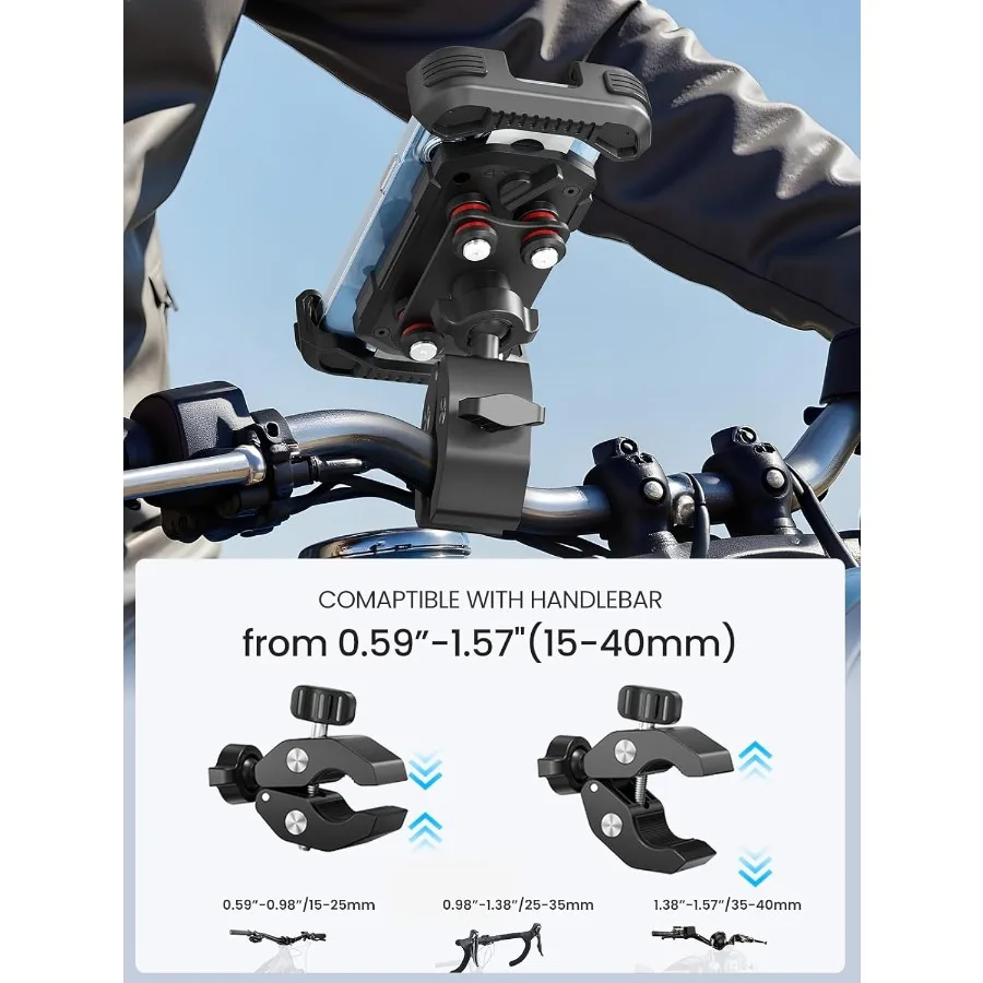 Motorcycle Phone Holder Mount with Dual Vibration Dampener for Secure Riding ToolFree Handlebar Clip Design Compatible w