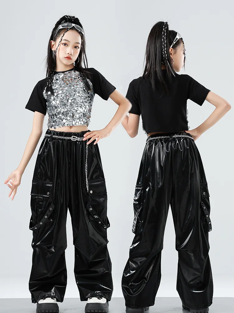 2025 الفتيات ملابس رقص الجاز موضة Kpop المرحلة الزي الترتر المحاصيل القمم الأسود خلط السراويل الهيب هوب زي الشارع الشهير VDL4586 #6
