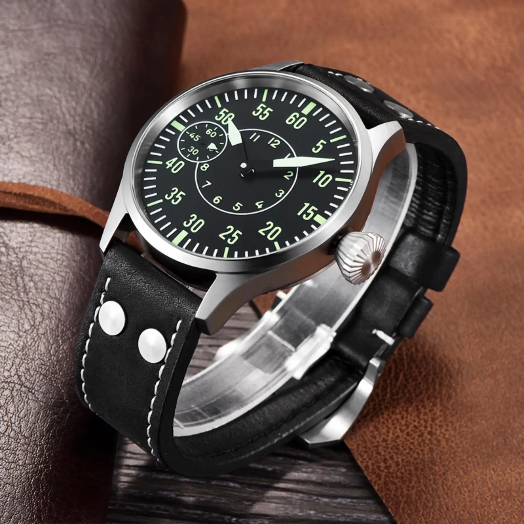 

Corgeut Men's Watch 44mm Men's Manual Mechanical Watch, Black Cowhide Strap Luminous Waterproof Business Casual