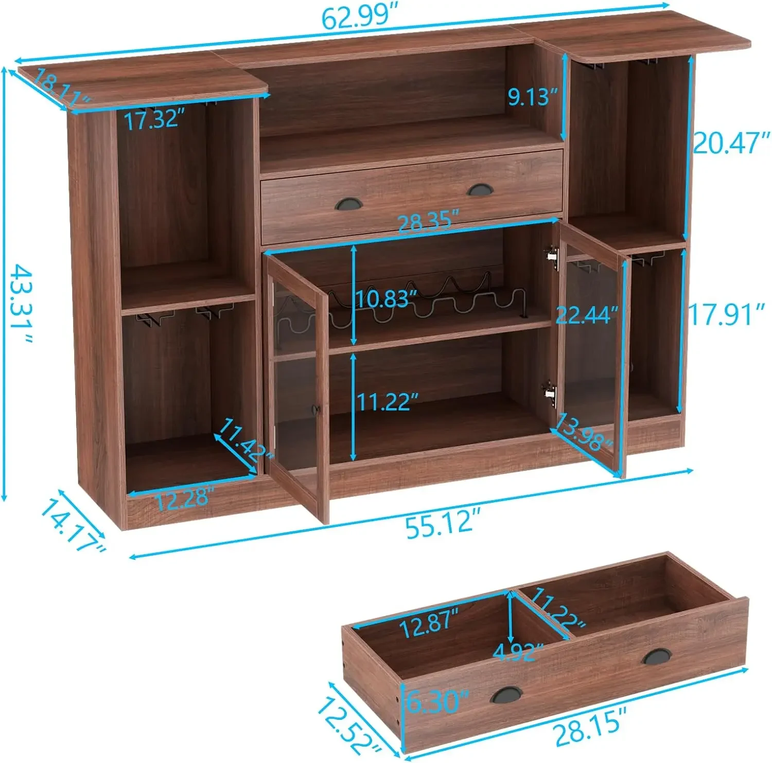 Cabinet with LED & Drawer,Mini Liquor Bar with 8-Tier Storage&Stemware Holder,Wine Alcohol Bar Stand with Glass