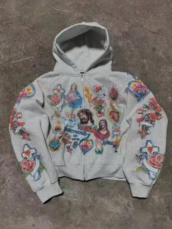 

Свободная толстовка с капюшоном на молнии с принтом, удобная, с длинными рукавами, повседневная женская уличная одежда для весеннего сезона