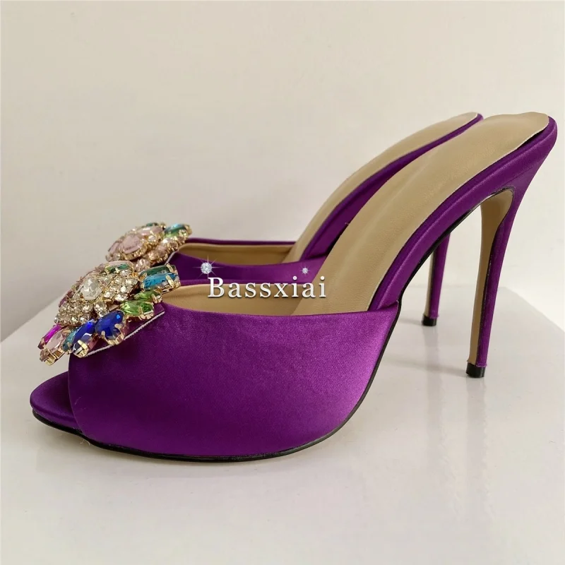 Colorful Rhinestone Buckle Decor Sandals Women 10cm Stiletto Heel Luxury Satin Slingbacks Summer Mules image 5