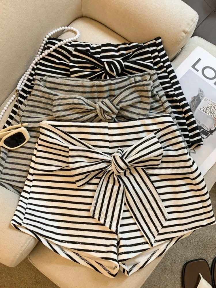

Hot Girl Spicy Color Block Striped Waist Tie Wide Leg Short Pants Women's Summer New Style Slimming Casual Pants High Waist