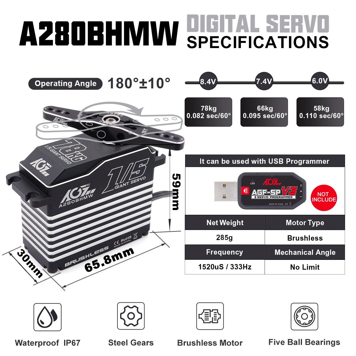 AGFRC A280BHMW A280BHLW 78KG 100KG HV Bürstenloser wasserdichter RC-Servomotor mit hohem Drehmoment für 1/5 große Flugzeuge, Auto, Boot, RC-Modelle – Detail 6