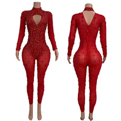 Sparkly Red Rhinestone Sexy Mesh Sheath Jumpsuit Evening Party Performance Costume Nightclub Singer Dancer Stage Wear Cuican