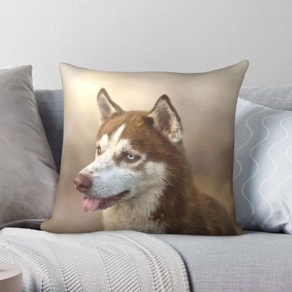 Brown Husky Pillowcase Polyester Linen Velvet Printed Zip Decor Room Cushion Case Wholesale