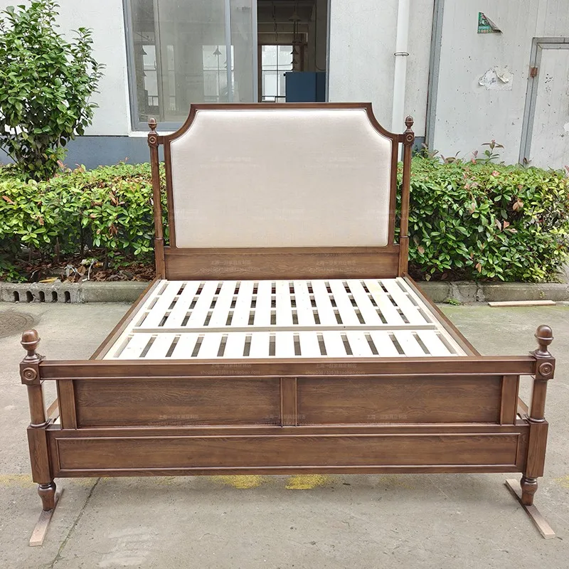 *&French-Style 1.8m Double Antique Solid Wood Home Columns American-Style Fabric Soft Bed Modern Master Bedroom High-Back Bed