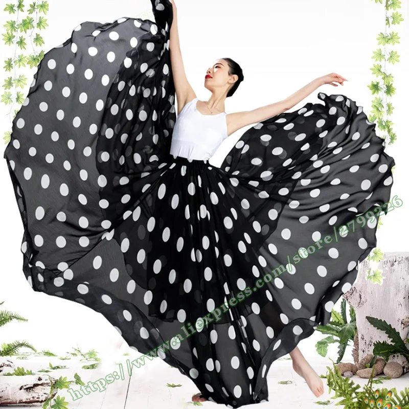 2022 Woman Clothes Summer 720 Degree Big Hem Dance Black Polka Dot Elegant Fairy Style Chiffon Female Maxi Skirts for Womens