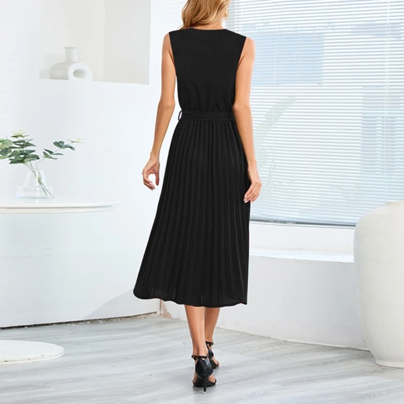 Womens 2023 Sleeveless Pleated Dress Tie Waist Flowy A Line Party Maxi Dress Dropshipping