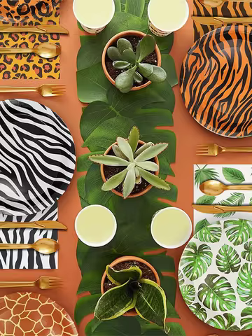 Safari Tableware Woodland Animal Palm Print Plates Napkins Kids Jungle Animal Birthday Summer Wedding Party Decorations Supplies