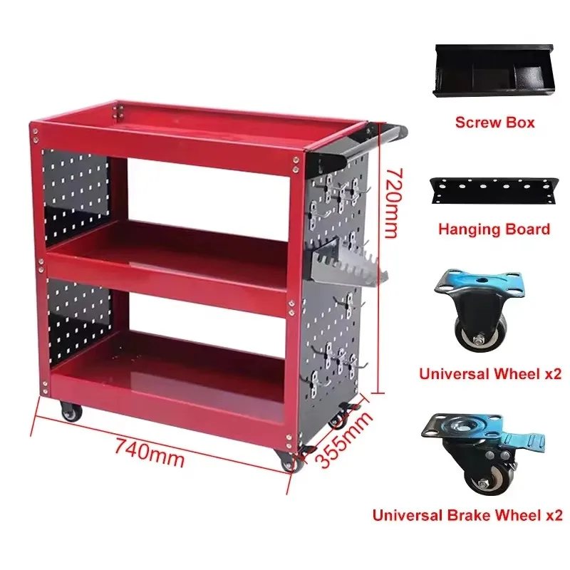 Carrello portautensili a 3 strati con pannello posteriore e ganci per carrello portaoggetti mobile per officina garage manutenzione auto