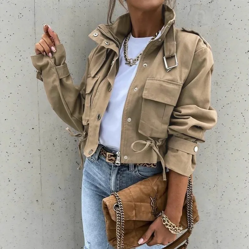 

Women's new autumn-winter style European fashion high-neck single-button zipper short sleeve casual long-sleeved coat jackets