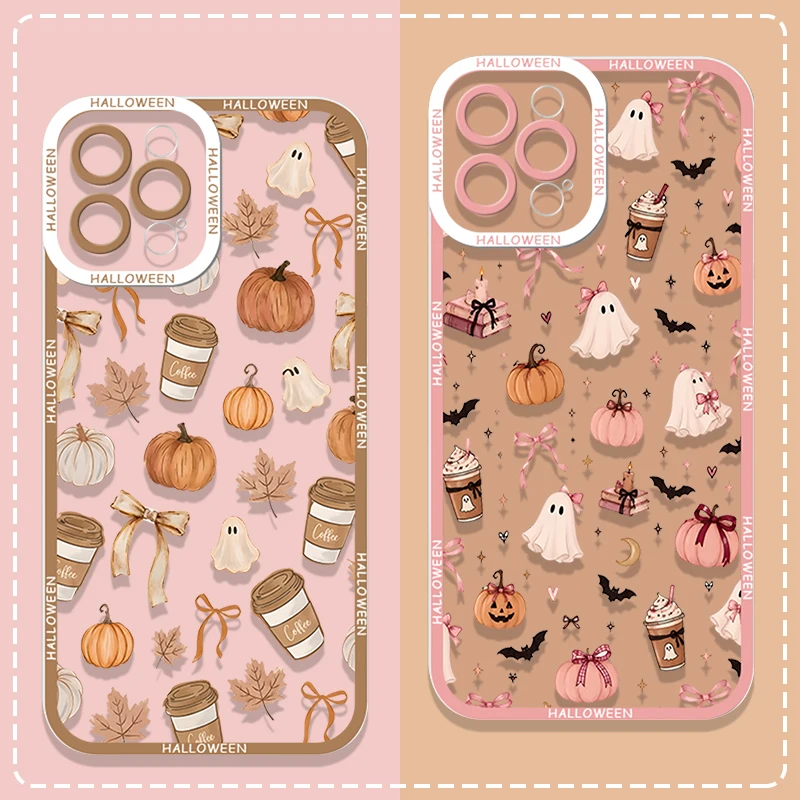 Cute Halloween Pumpkin Autumn Leaves Coffee Striped Pattern Phone Case for Samsung Galaxy S26 S25 S24 FE S23 S22 S21 Plus Cover