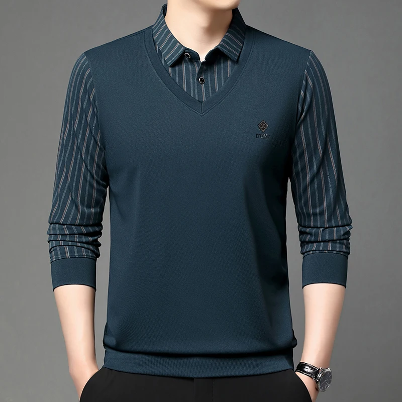 High quality brand long sleeve men\'s polo shirt autumn new style fashionable flip collar striped personalized top casual T-shirt