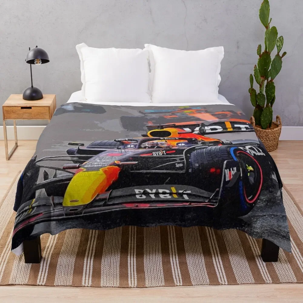 

Max Verstappen racing in the rain in his 2023 F1 racecar Throw Blanket Soft Soft Big Luxury Designer Blankets