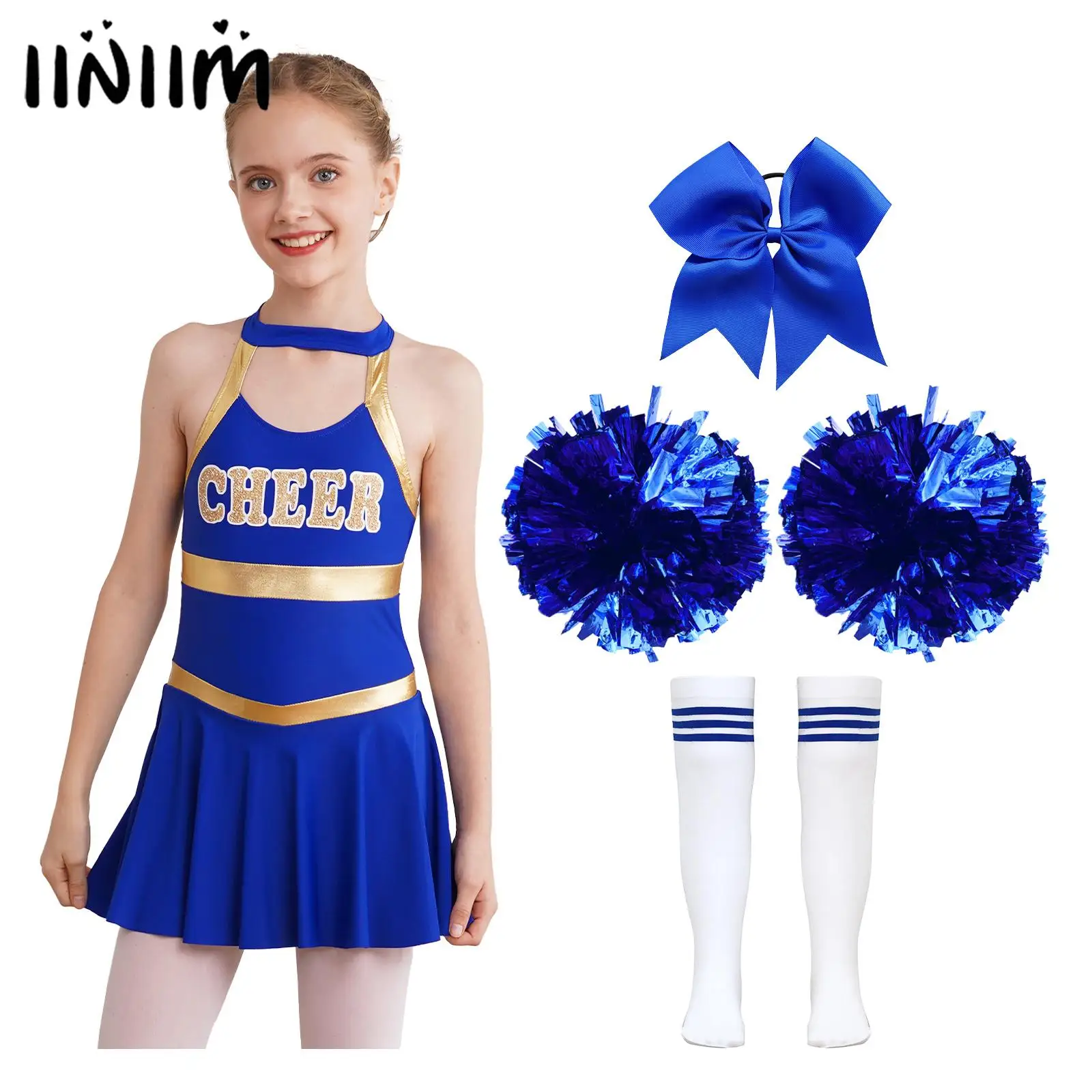 Kids Girls Cheerleading Outfits Letter Print Cheer Uniform Dance Dress 1Pc Bowknot Headwear 2Pcs Hand Flowers Striped Tube Socks