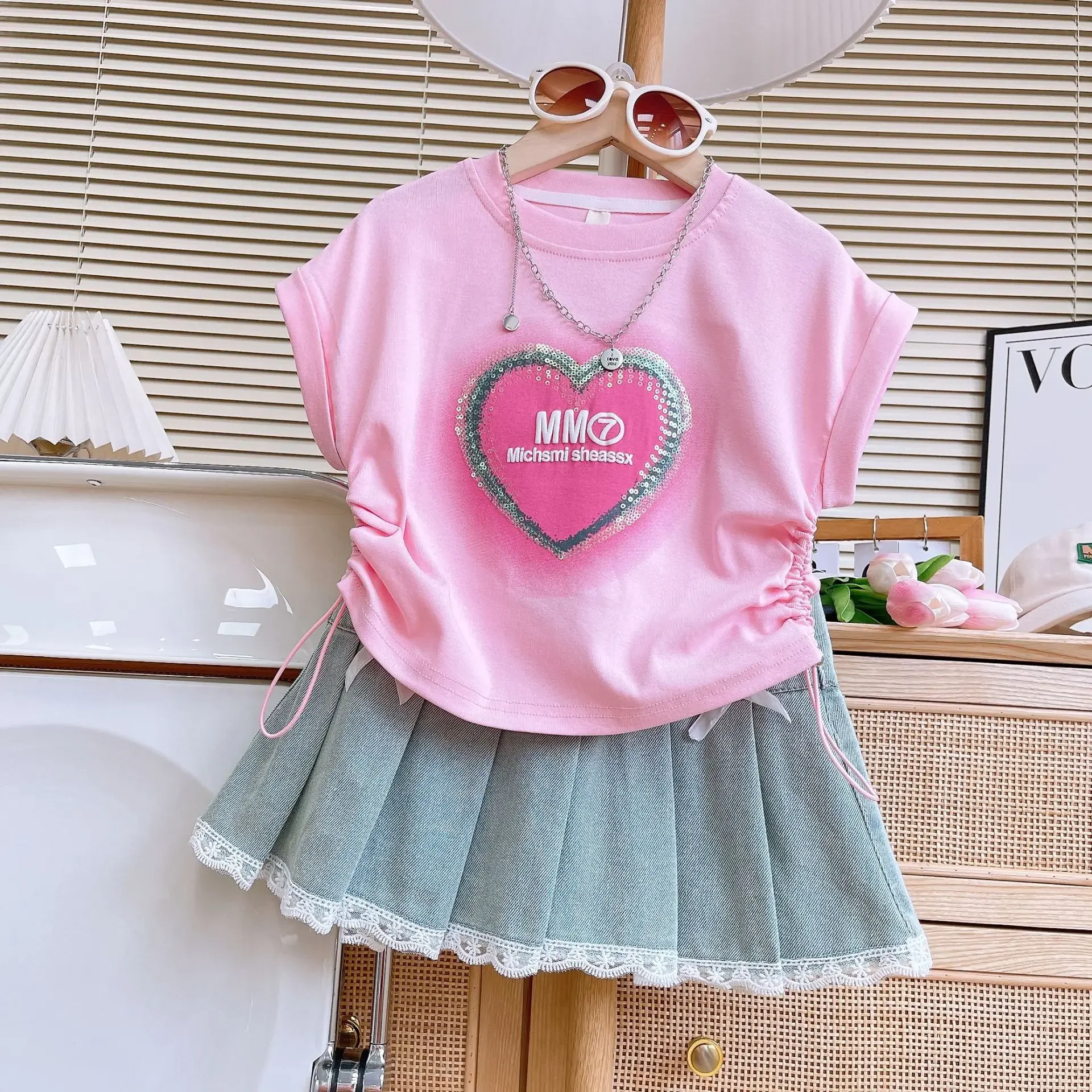 Children\'s Clothing Sets Sequin Heart Drawstring Short Sleeve + Lace Denim Pleated Skirt Sets Kids Clothes Girls 3 To 7 Years