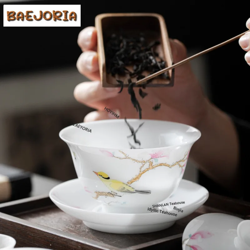 BAEJORIA 135ml Boutique Ice Seed Jade Porcelain Gaiwan Hand-painted Flower And Bird Tea Tureen Household Tea Maker Cover Bowl