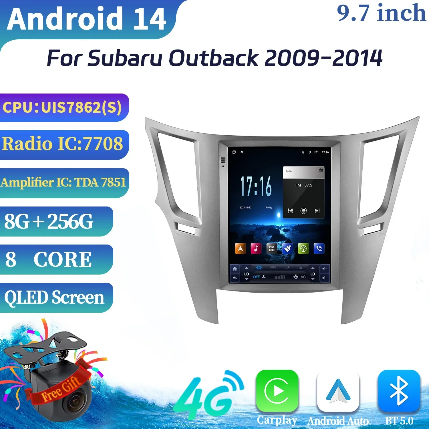 9.7inch Android 14 For Subaru Outback 2009-2014 Car Radio Wireless Carplay Multimedia Navigation 4G GPS Head Unit Touch Screen