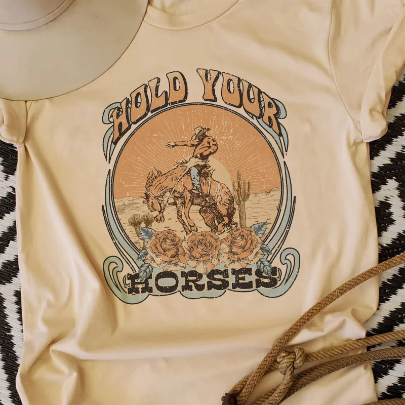 Trzymaj swoje konie śmieszne Rodeo koszulki z nadrukami kobiety w stylu Vintage Western Cowboy Tshirt kowbojka oversize śliczny moda Retro t-shirt