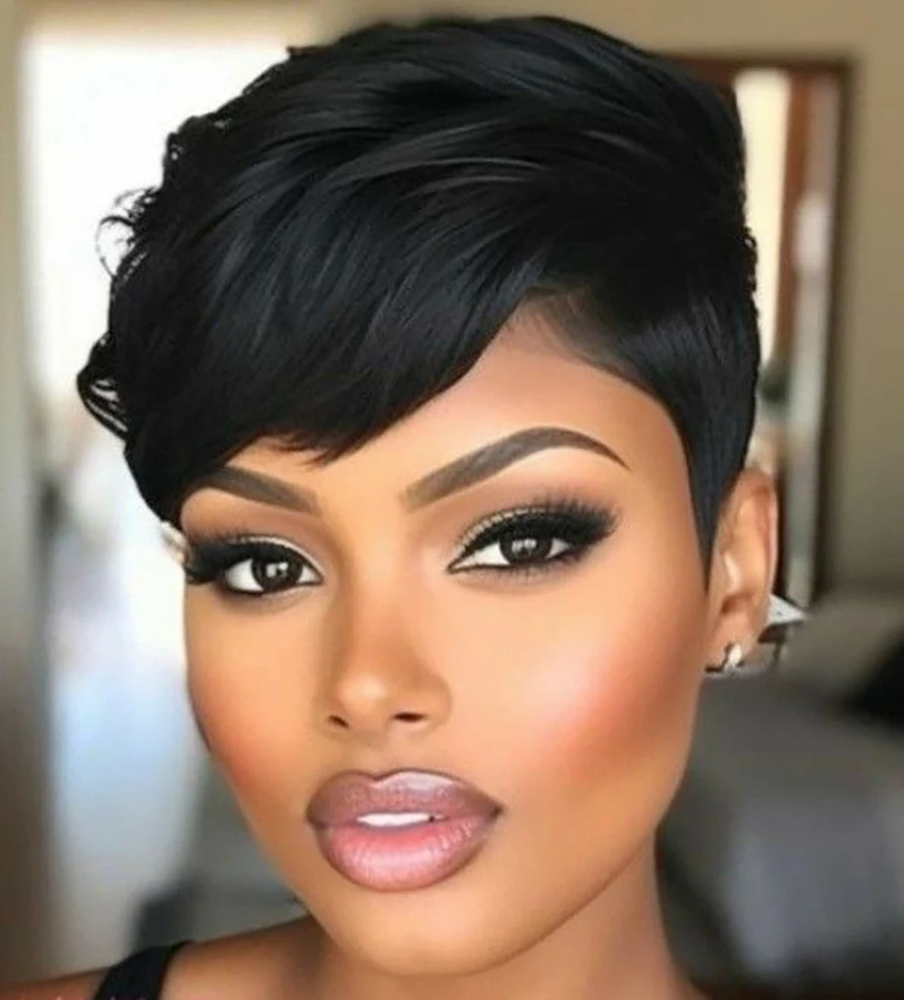 ショートレイヤードピクシーカット人毛ボブウィッグ、フルマシンメイド100%人毛ウィッグ、前髪付き、女性用、ブラックレミーストレートウィッグ