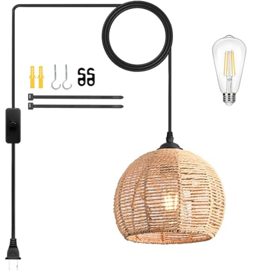 

Plug in Mini Hemp Rope Woven Pendant Light Woven Light Fixture Boho Chandelier Wicker Pendant Lights Rattan Plug in Cord Hangin