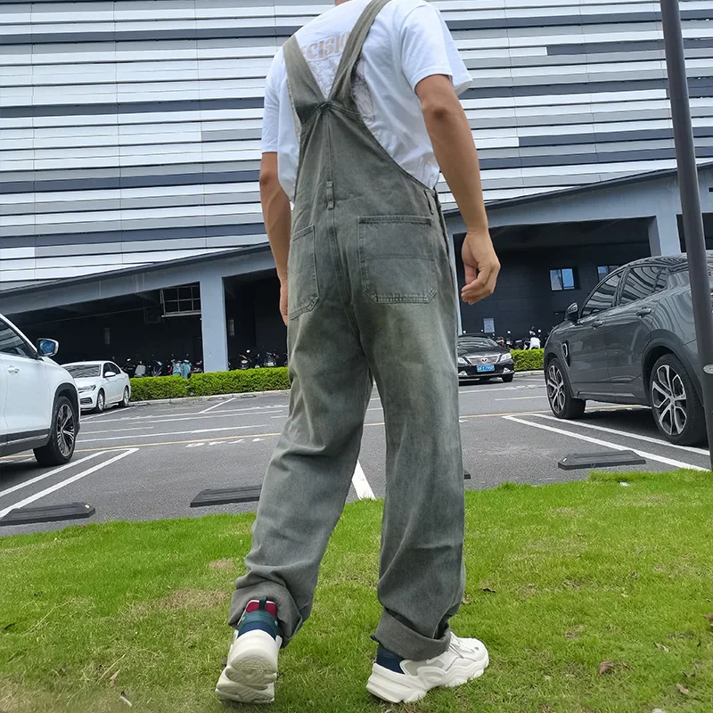 Men Jeans Ankle Length Vintage Wide Leg Pants Denim Overalls Pockets Loose Solid Washed Distressed Spliced Casual One Piece