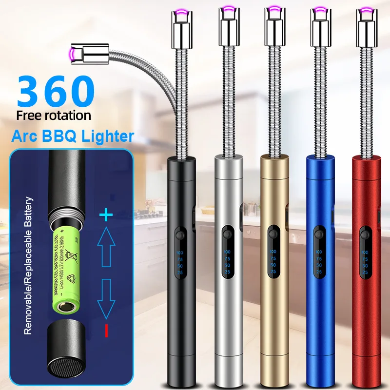 Large Capacity Battery 360°Use Metal Electric Arc USB Lighter Windproof Candle Kitchen Gas Stove Pulse Flameless Light Gun