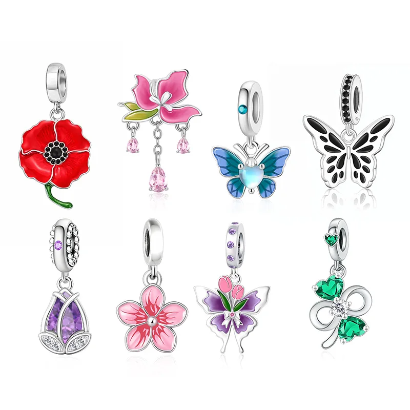 Huoonew Fit Original Pan Charm Bracelet 925 Sterling Silver Feather Butterfly Ladybug Red Poppy Bead For Making Berloque DIY