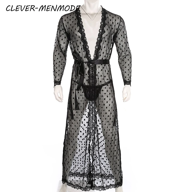 CLEVER-MENMODE Sexy Lingerie Lace Sheer Robe Long Bathrobe Nightwear Erotic Hollow Out Men Dressing Sleepwear with Lace Thong