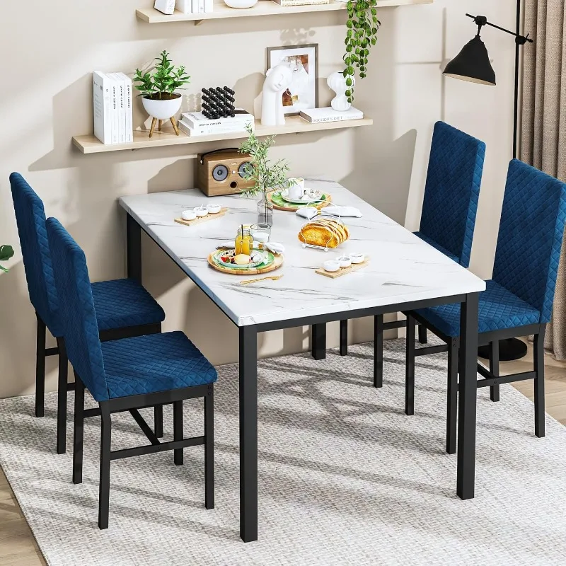 Recaceik Marble Dining Set for 4 - Faux Marble Table and 4 Velvet Upholstered Chairs for Kitchen or Dining Room (White & Blue)