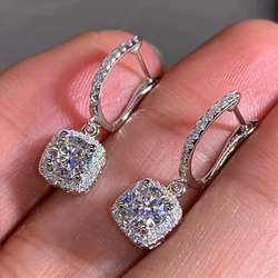 Luxury 925 Sterling Silver Square Crystal Statement Drop Earrings For Women Girls Fashion Jewelry Valentines Day Gift Wholesale