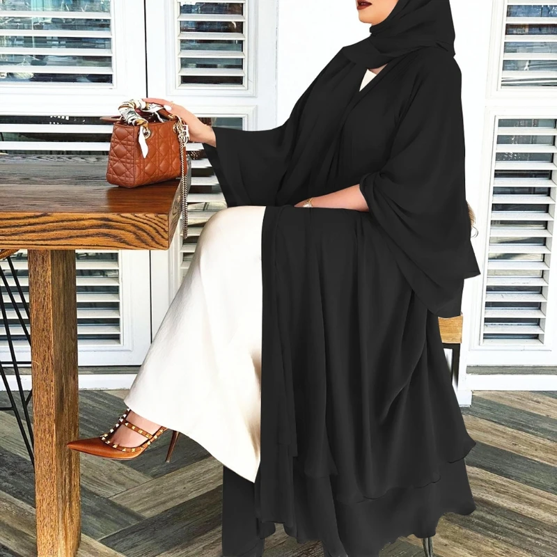 Muslim Long Sleeve Flowy Maxi Cardigan Islamic Open Front Kimono Abaya Robe Turkey Kaftan Solid Color Belted Loose Dress