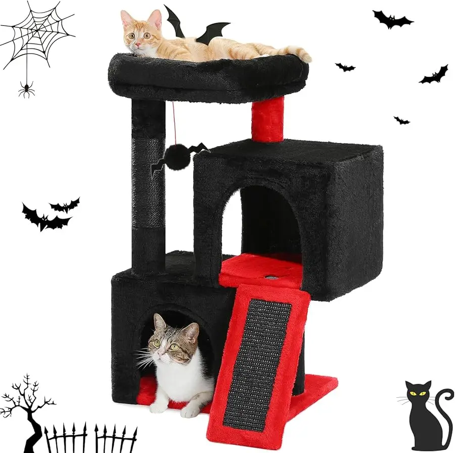 

PAWZ Road Gothic Cat Tree, 30 Inches Black Cat Tower with Dual Condos for Indoor Cats, Spooky Cat House with Padded Perch, Scrat