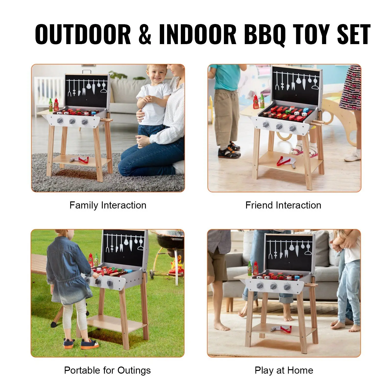 21 PCS Kids BBQ Grill Playset Wooden Cooking Grill Toy Set Pretend Sound