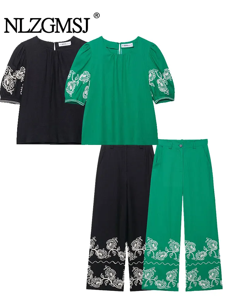 

NLZGMSJ Vintage Casual Chic Women Embroidery Suit O-Neck Short Sleeve Loose Top Loose Straight Pants Fashion 2025 Summer Suits