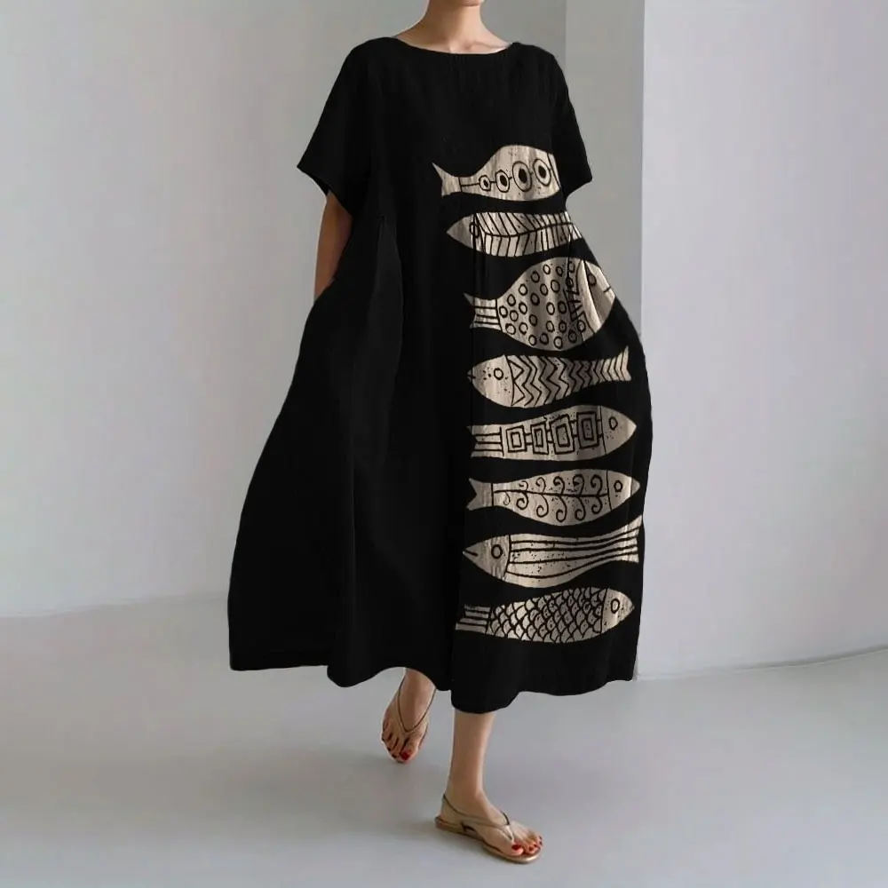 Fashion Goldfish Print Short Sleeve Long Dress Summer New Daily Casual Dress Ladies Plus-size Loose Crew Neck Pocket Dress