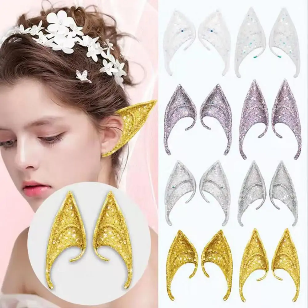 1 Pair 10cm Elf Ears High Simulation Flexible Pointed Tip Luminous Glitter Cosplay Props Latex Halloween Costume Party Fairy Ear