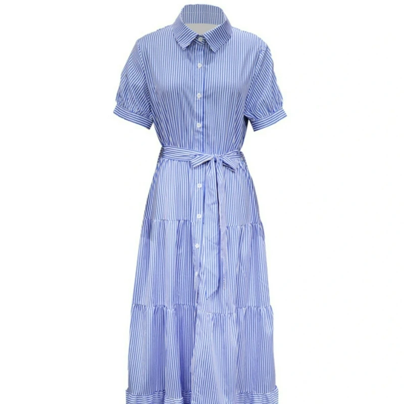 2026 Sommer Neue Mode Französisch Stil Blau Weiß Gestreiften Kurzarm Hemd Kleid Urlaub Stil Lose Krawatte Große Rock kleider