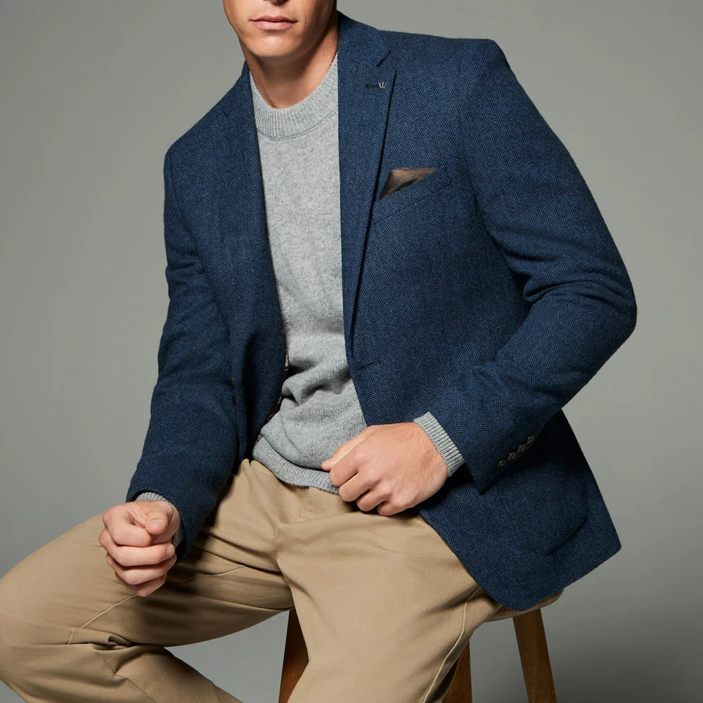 

Casual Suit Jackets for Man Single-Breasted Urban Blazers Business Notch Lapels Men's Jacket Vintage Herringbone Fabric Fashion