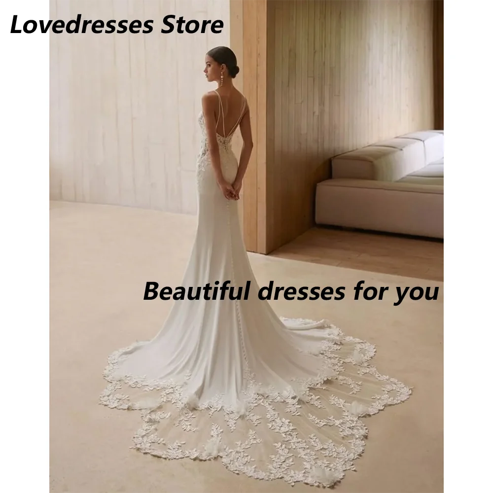 New Arrival Wedding Dress Customized Sexy Spaghetti Straps Applique Bridal Gown Sweep Train Backless Bride Dresses