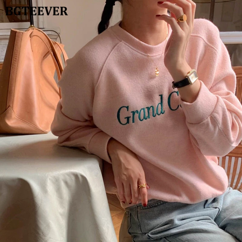 BGTEEVER Casual Long Sleeve Women Pullovers Sweatshirts Autumn Winter Fashion O-neck Loose Female Letter Embroidery Printed Tops